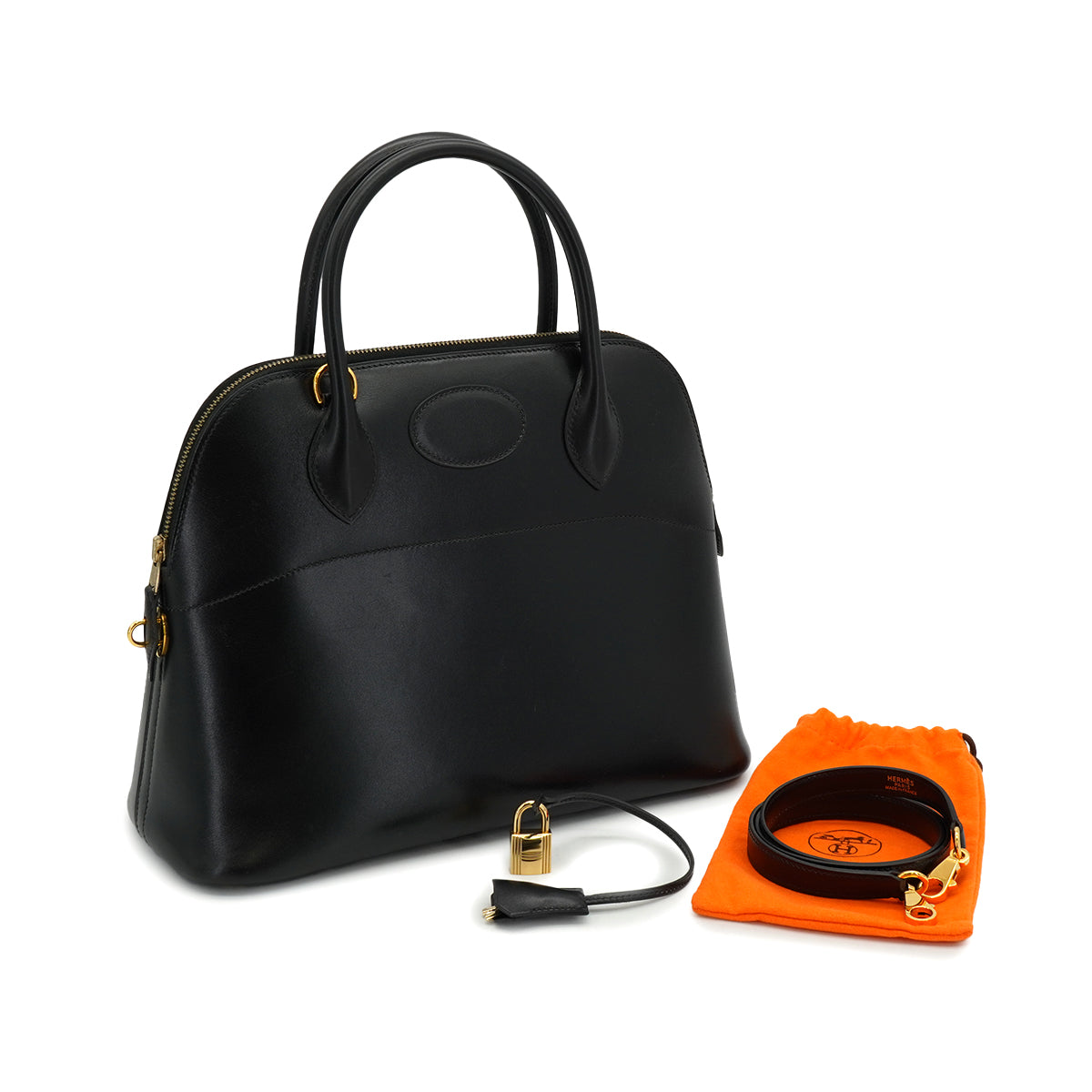 HERMES BOLIDE 31 BLACK BOXCALF HAND SHOULDER BAG 2002 SQUARE F GOLD HARDWARE 90334264