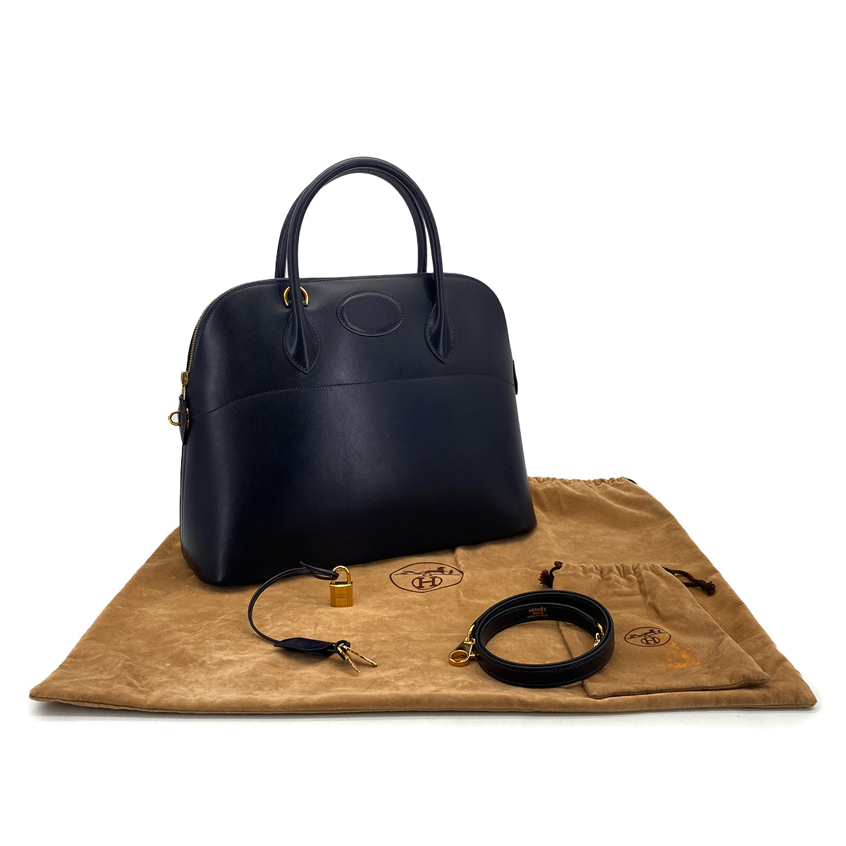 HERMES BOLIDE 35 BLUE INDIGO BOXCALF HAND SHOULDER BAG 1999 SQUARE C GOLD HARDWARE 90322167