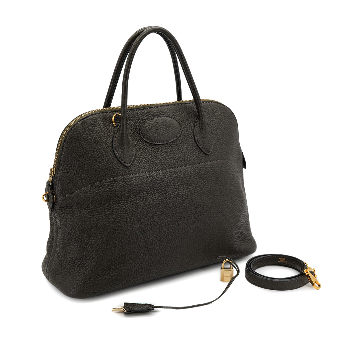 HERMES BOLIDE 35 VERT OLIVE TAURILLON CLEMENCE HAND SHOULDER BAG 2005 SQUARE I GOLD HARDWARE 90325607