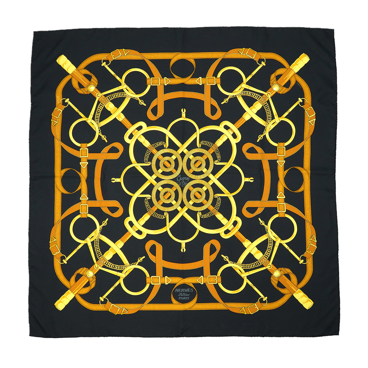 HERMES CARRE 90 SCARF EPERON D'OR BLACK GOLD SILK 90326709
