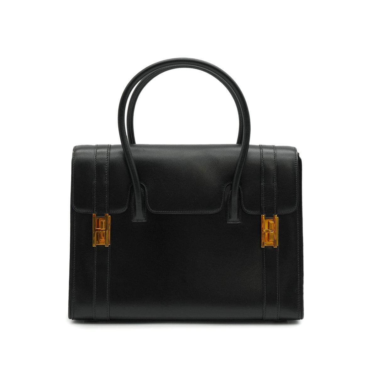 HERMES DRUG 27 BLACK BOX CALF HAND BAG 1978 CIRCLE H GOLD HARDWARE 90338297