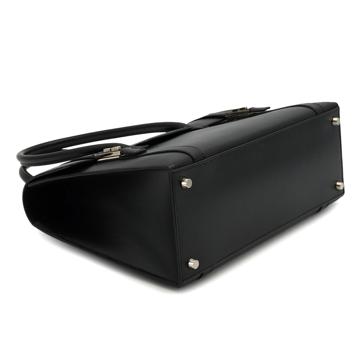 HERMES DRUG 32 BLACK BOX CALF HAND BAG 2002 SQUARE F PALLADIUM HARDWARE 90334266