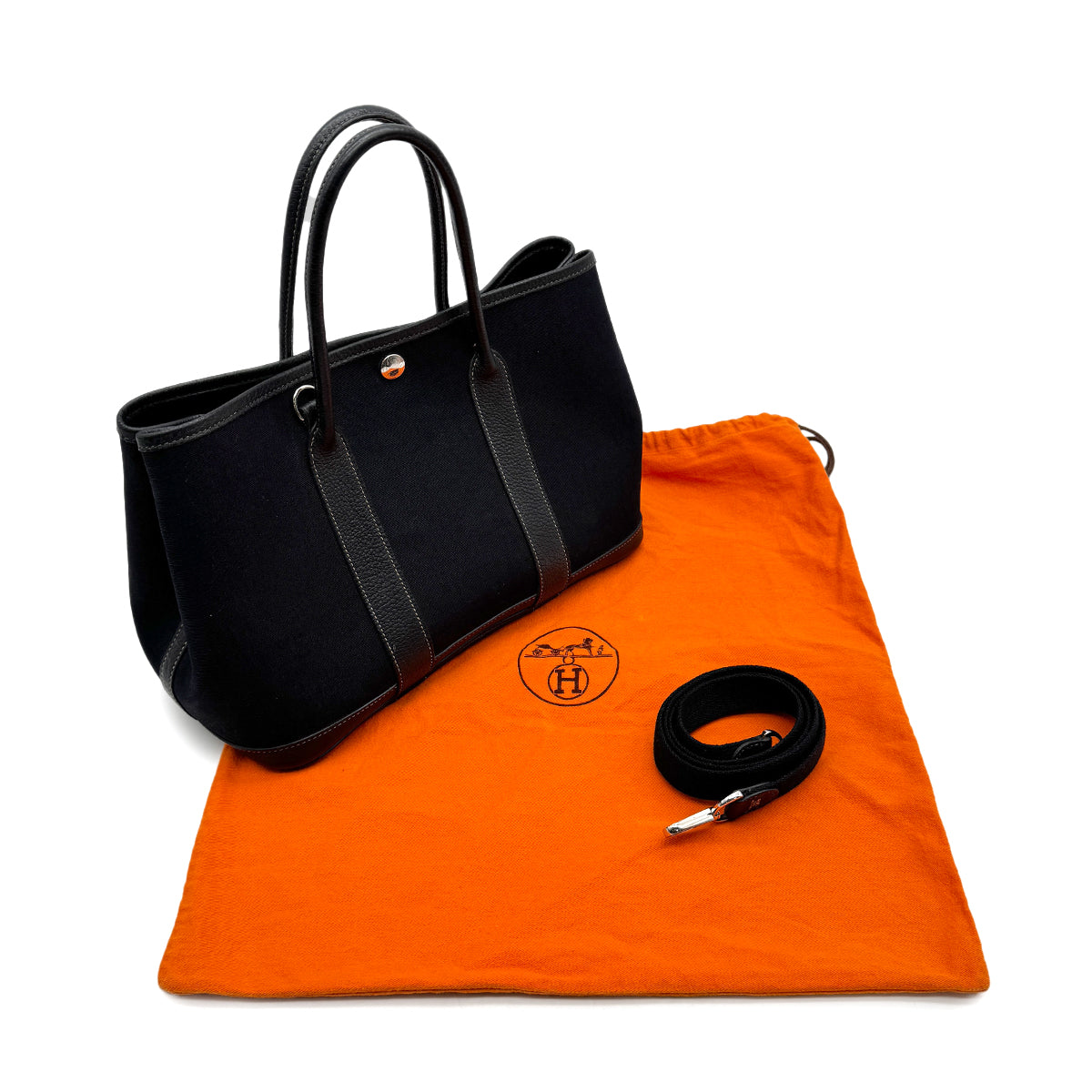 HERMES GARDEN PARTY TPM BLACK TOILE OFFICIER BUFFLE SKIPPER HAND SHOULDER BAG 2004 SQUARE H 90314341
