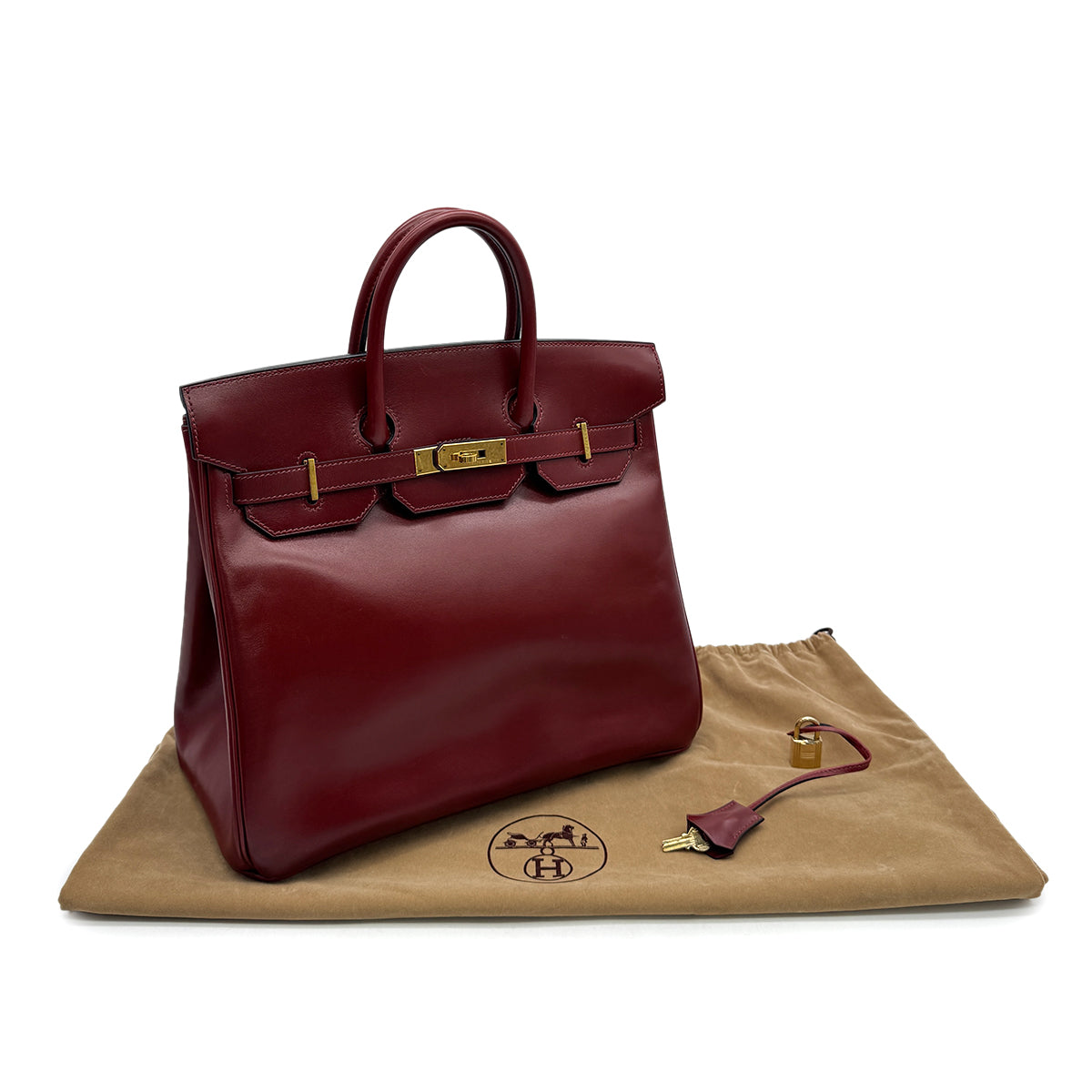 HERMES HAUT A COURROIES 32 ROUGE H BOXCALF HAND BAG 2002 SQUARE F GOLD HARDWARE 90314404