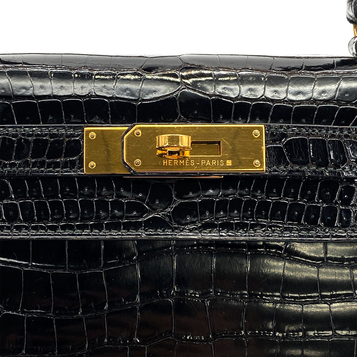 HERMES KELLY 28 BLACK POROSUS CROCODILE HAND SHOULDER BAG 1993 CIRCLE W GOLD HARDWARE 90321000