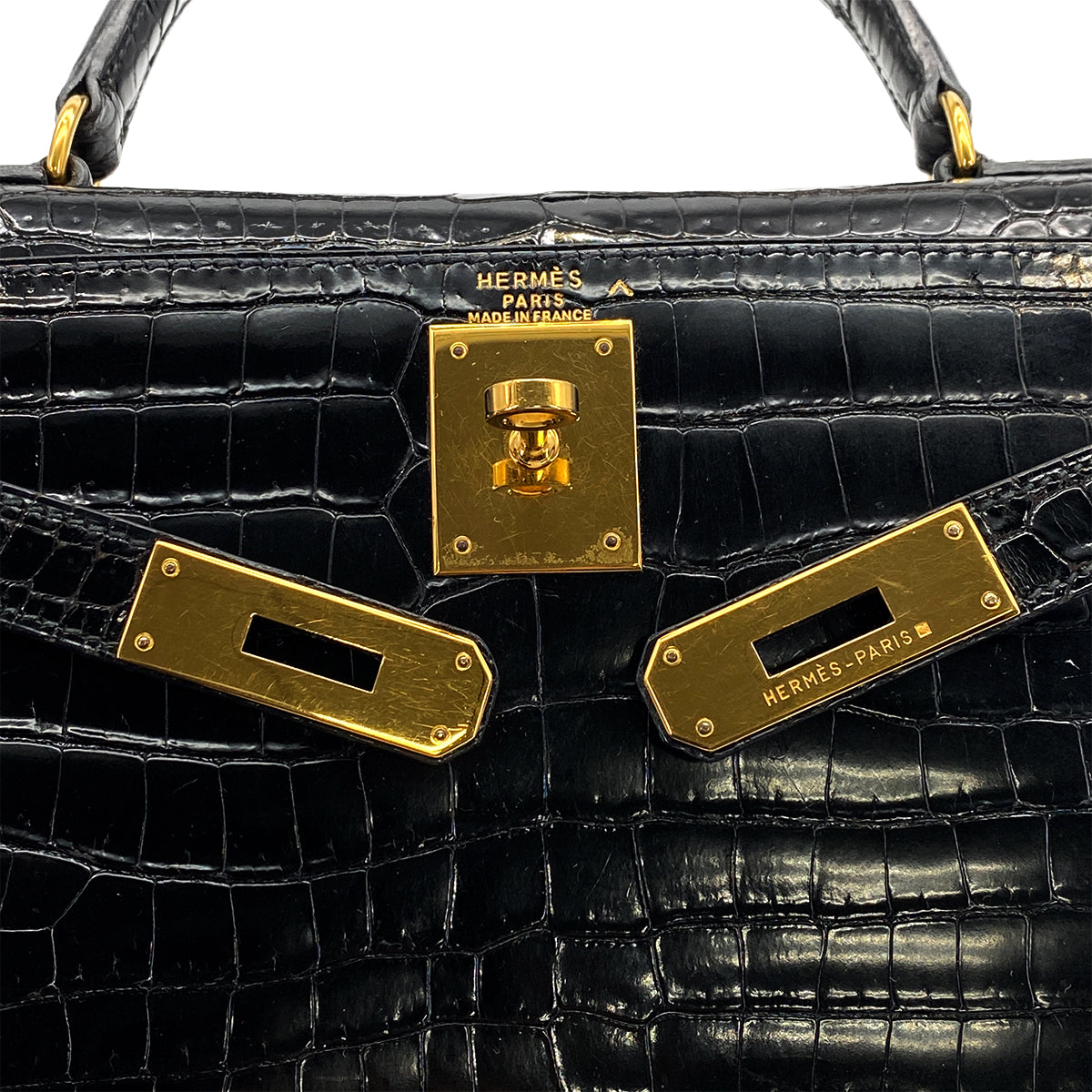 HERMES KELLY 28 BLACK POROSUS CROCODILE HAND SHOULDER BAG 1993 CIRCLE W GOLD HARDWARE 90321000