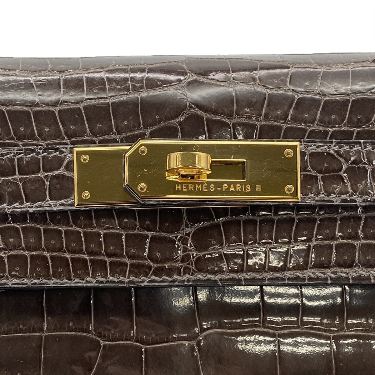 Luxury Promise Japan HERMES KELLY 28 GRIS ELEPHANT POROSUS CROCODILE HAND SHOULDER BAG 2001 SQUARE E GOLD HARDWARE 90323190
