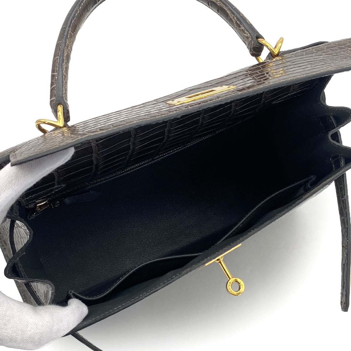HERMES KELLY 28 GRIS ELEPHANT POROSUS CROCODILE HAND SHOULDER BAG 2001 SQUARE E GOLD HARDWARE 90323190