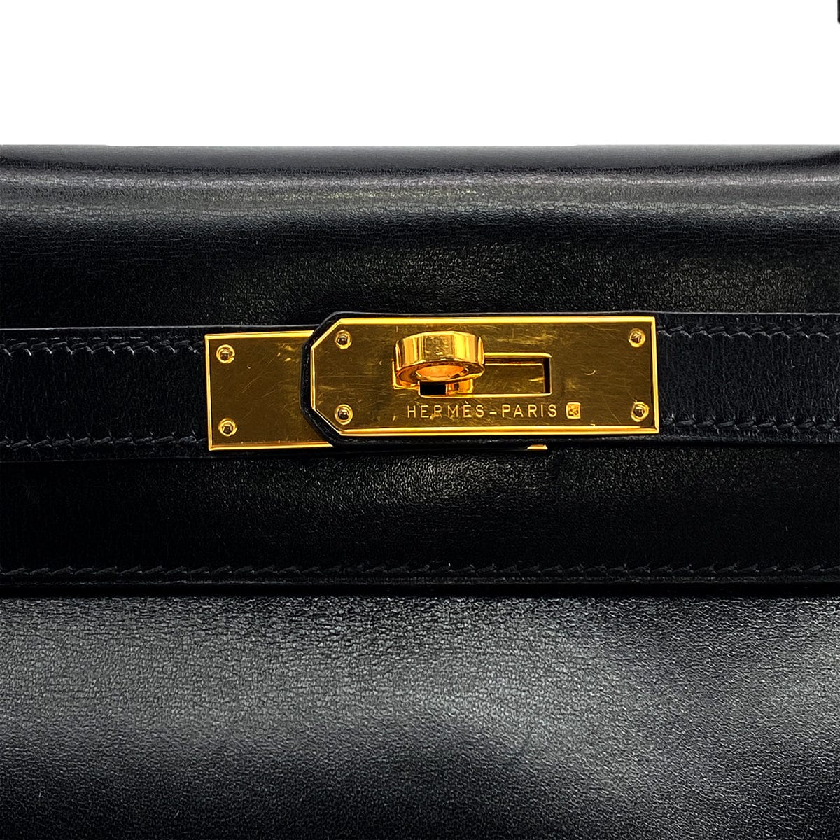 HERMES KELLY 28 RETOURNE BLACK BOXCALF HAND SHOULDER BAG 1999 SQUARE C GOLD HARDWARE 90324139