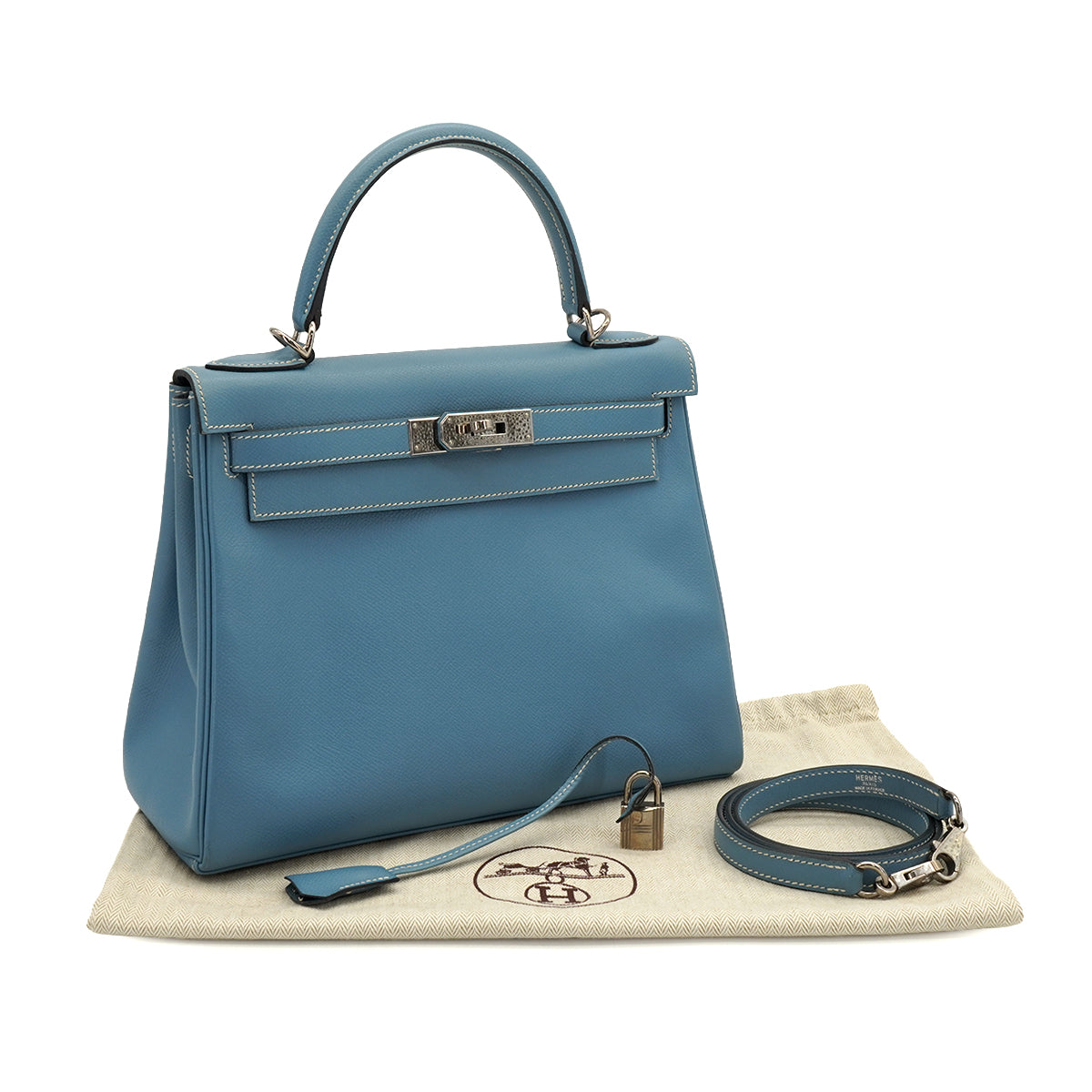 HERMES KELLY 28 RETOURNE BLUE JEAN VEAU EPSOM 2008 SQUARE L PALLADIUM HARDWARE 90341429