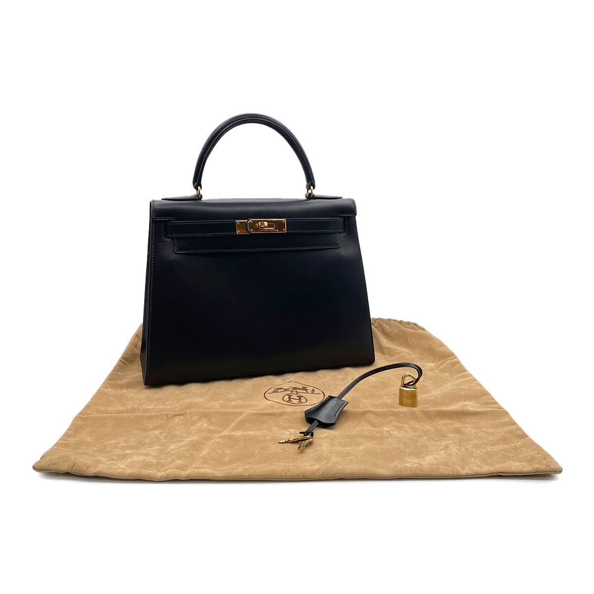 HERMES KELLY 28 SELLIER BLACK BOXCALF HAND BAG 1991 CIRCLE U GOLD HARDWRE 90314460