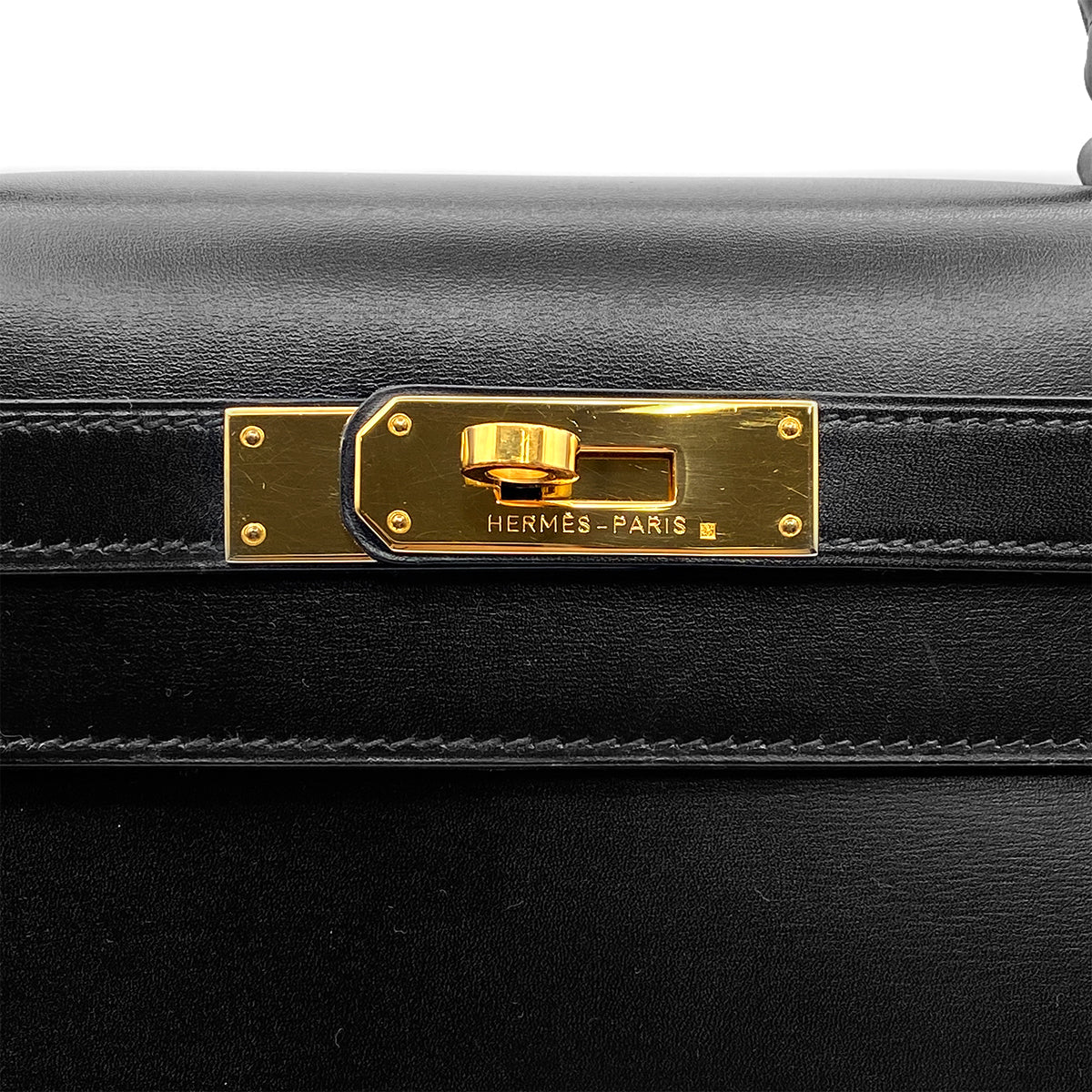 HERMES KELLY 28 SELLIER BLACK BOXCALF HAND BAG 1991 CIRCLE U GOLD HARDWRE 90314460