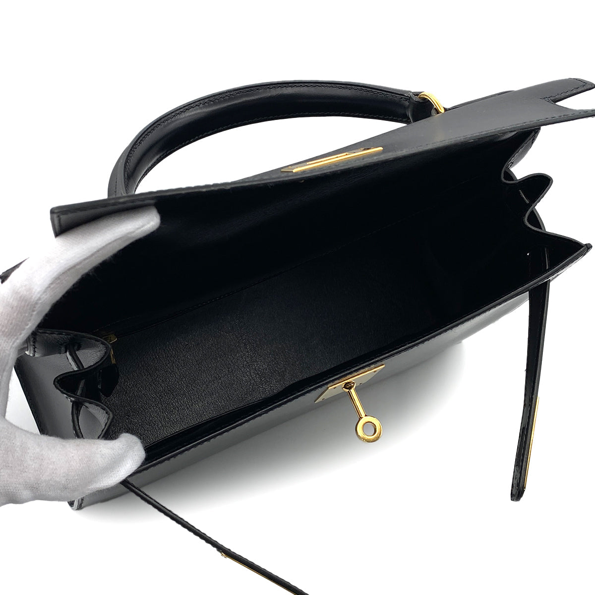 HERMES KELLY 28 SELLIER BLACK BOXCALF HAND BAG 1991 CIRCLE U GOLD HARDWRE 90314460
