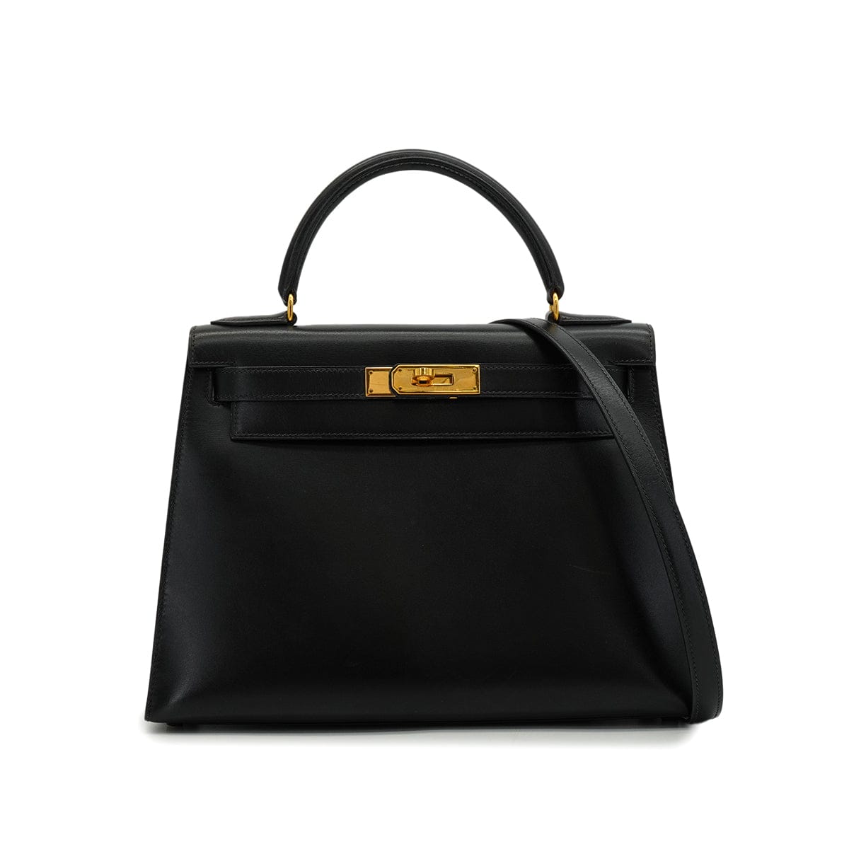 HERMES HERMES KELLY 28 SELLIER BLACK BOX CALF HAND SHOULDER BAG 1991 CIRCLE U GOLD HARDWARE 90346863