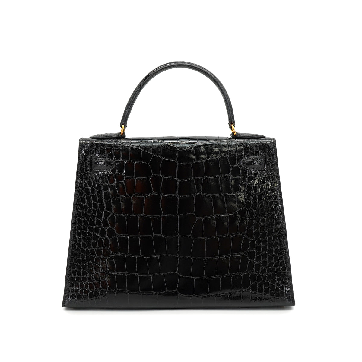 HERMES KELLY 28 SELLIER BLACK CROCODILE ALLIGATOR HAND SHOULDER BAG 1988 CIRCLE R GOLD HARDWARE 90327058