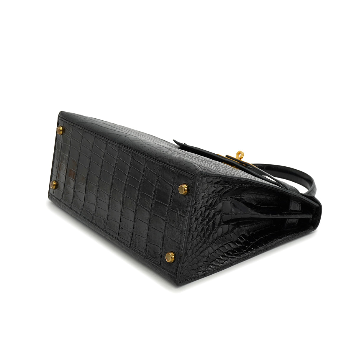 HERMES KELLY 28 SELLIER BLACK CROCODILE ALLIGATOR HAND SHOULDER BAG 1988 CIRCLE R GOLD HARDWARE 90327058