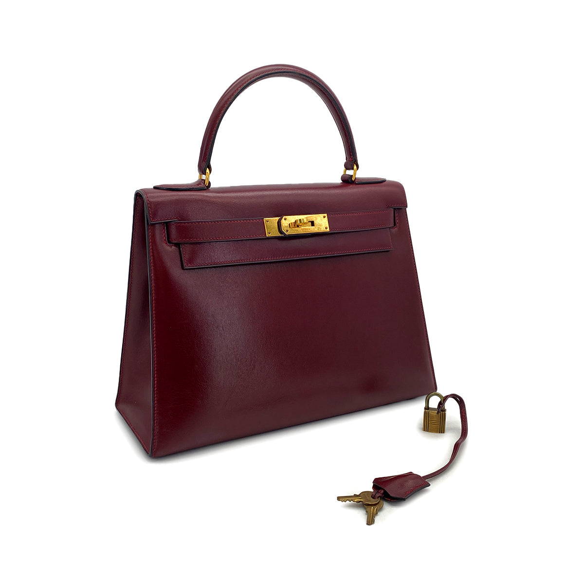 HERMES KELLY 28 SELLIER ROUGE H BOXCALF HAND BAG 1974 CIRCLE D GOLD HARDWARE 90317616