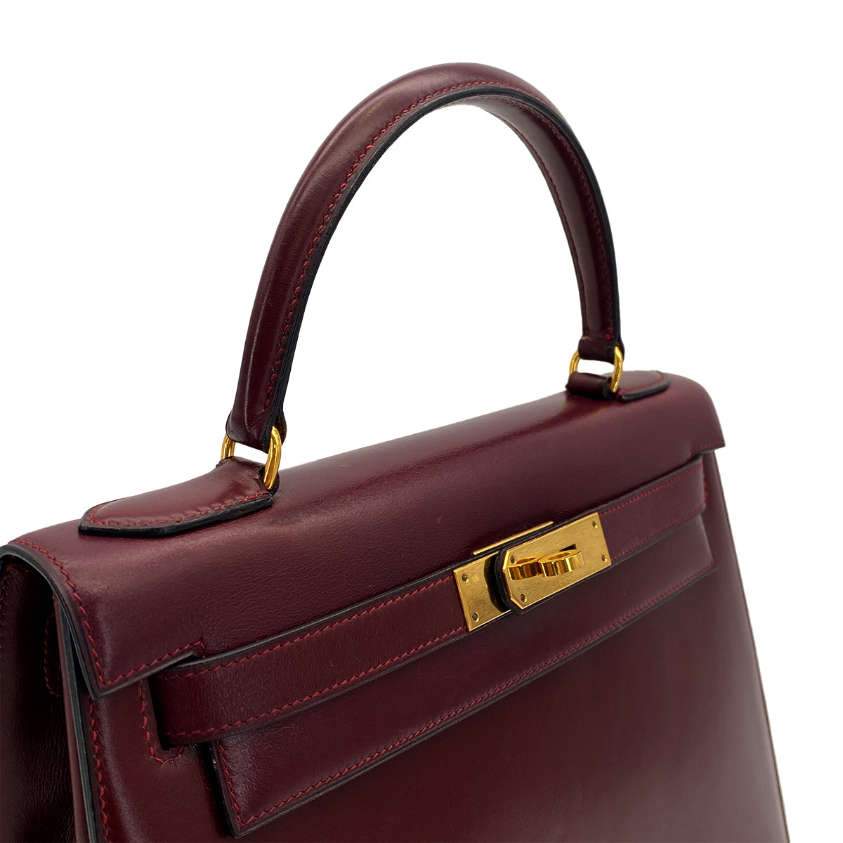 HERMES KELLY 28 SELLIER ROUGE H BOXCALF HAND BAG 1974 CIRCLE D GOLD HARDWARE 90317616
