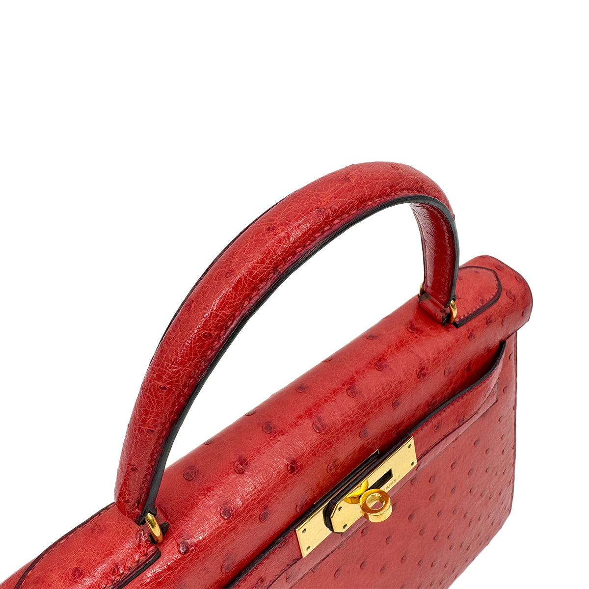 HERMES KELLY 28 SELLIER ROUGE VIF OSTRICH HAND SHOULDER BAG 1989 CIRCLE S GOLD HARDWARE SAB0001
