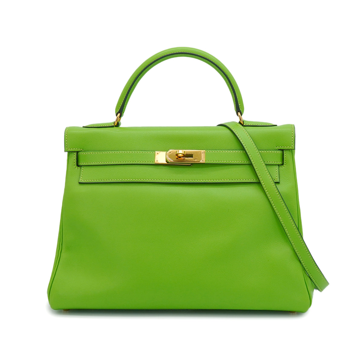 HERMES KELLY 32 RETOURNE APPLE GREEN VEAU GULLIVER HAND SHOULDER BAG 1998 SQUARE B GOLD HARDWARE 90347153