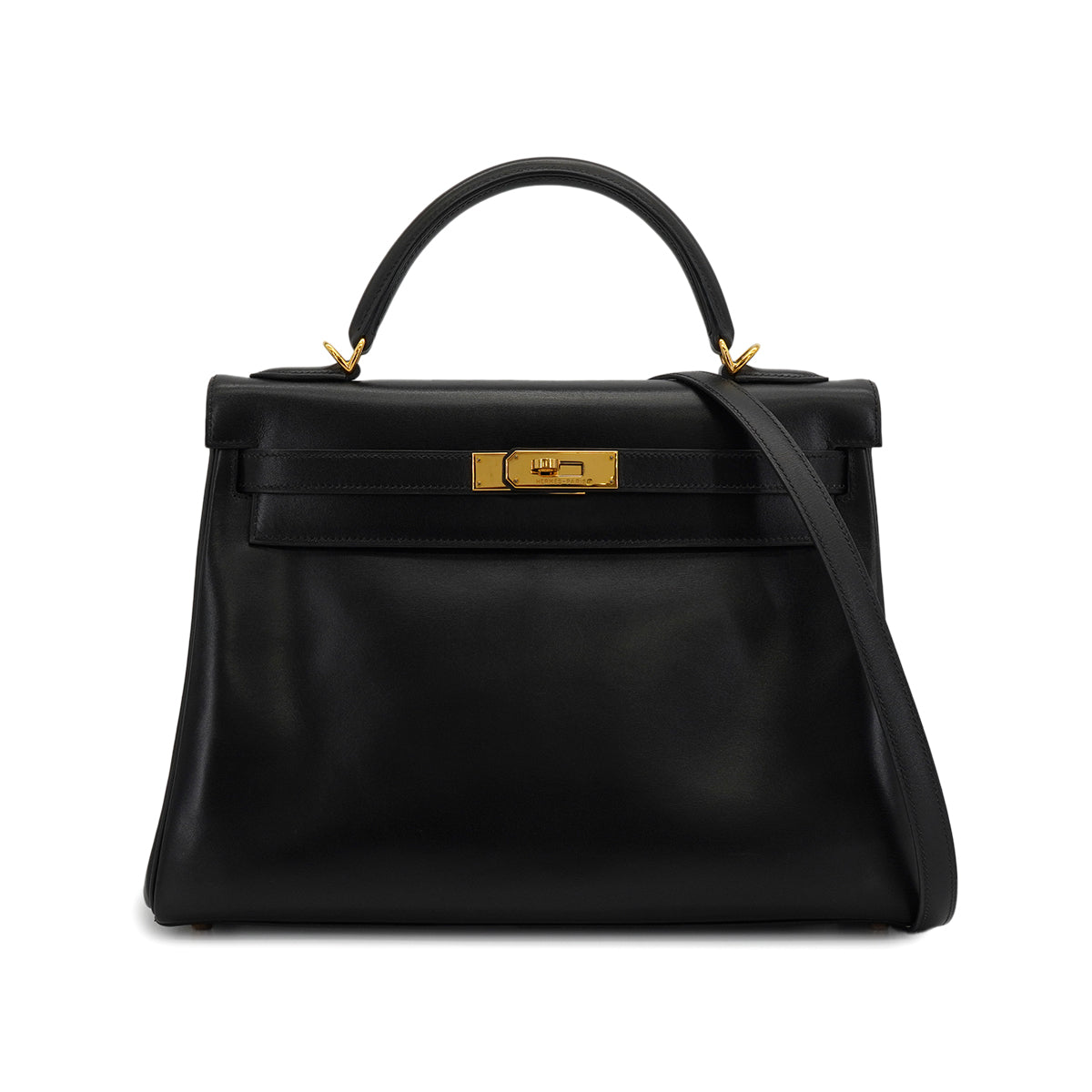 HERMES KELLY 32 RETOURNE BLACK BOX CALF HAND SHOULDER BAG 2001 SQUARE E GOLD HARDWARE 90339637