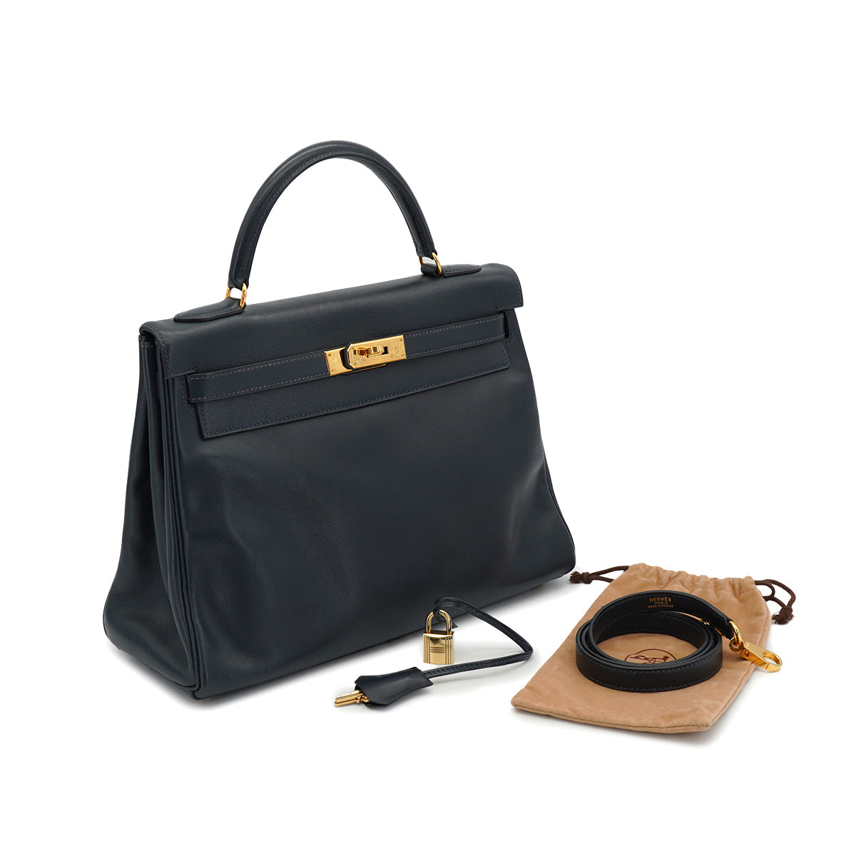 HERMES KELLY 32 RETOURNE BLUE INDIGO VEAU GULLIVER HAND SHOULDER BAG 1997 SQUARE A GOLD HARDWARE 90328921