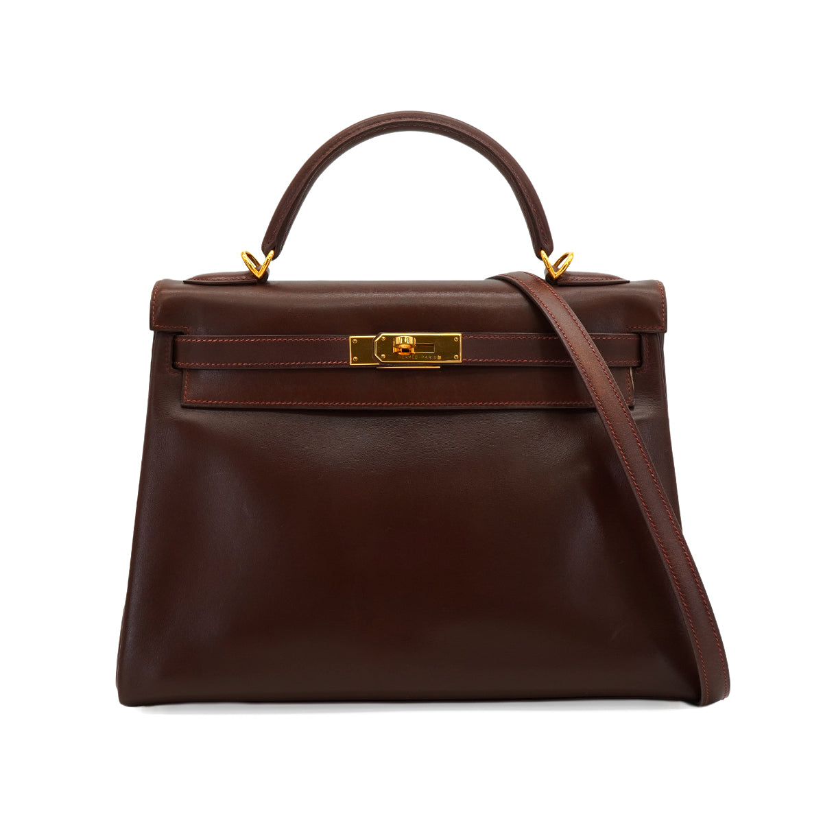 HERMES KELLY 32 RETOURNE MARRON FONCE BOX CALF HAND SHOULDER BAG 2001 SQUARE E GOLD HARDWARE 90345991