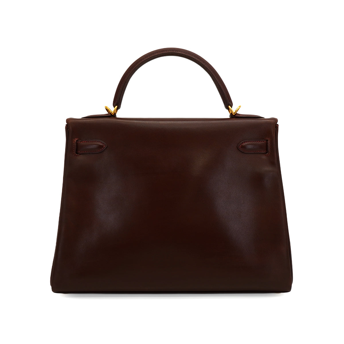 HERMES KELLY 32 RETOURNE MARRON FONCE BOX CALF HAND SHOULDER BAG 2001 SQUARE E GOLD HARDWARE 90345991
