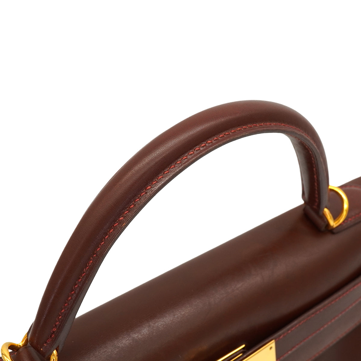 HERMES KELLY 32 RETOURNE MARRON FONCE BOX CALF HAND SHOULDER BAG 2001 SQUARE E GOLD HARDWARE 90345991