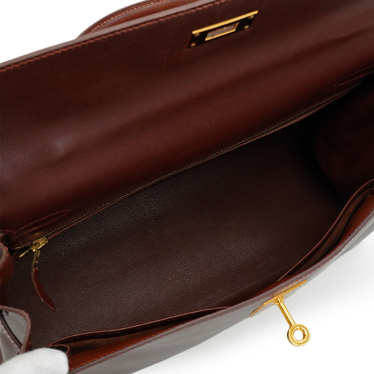 HERMES KELLY 32 RETOURNE MARRON FONCE BOX CALF HAND SHOULDER BAG 2001 SQUARE E GOLD HARDWARE 90345991