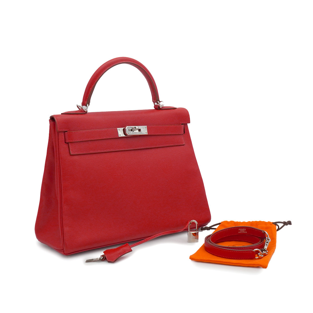 HERMES KELLY 32 RETOURNE ROUGE VIF VEAU EPSOM HAND SHOULDER BAG 2004 SQUARE H PALLADIUM HARDWARE 90334141