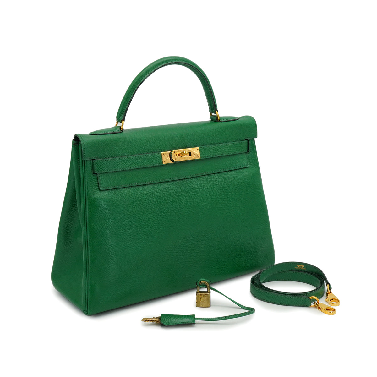 HERMES KELLY 32 RETOURNE VERT COURCHEVEL HAND SHOULDER BAG 1991 CIRCLE U GOLD HARDWARE 90346655