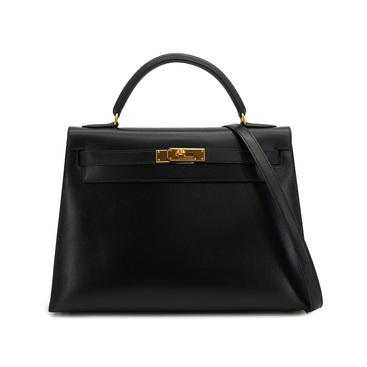 HERMES KELLY 32 SELLIER BLACK BOX CALF HAND SHOULDER BAG 1998 SQUARE B GOLD HARDWARE 90333892