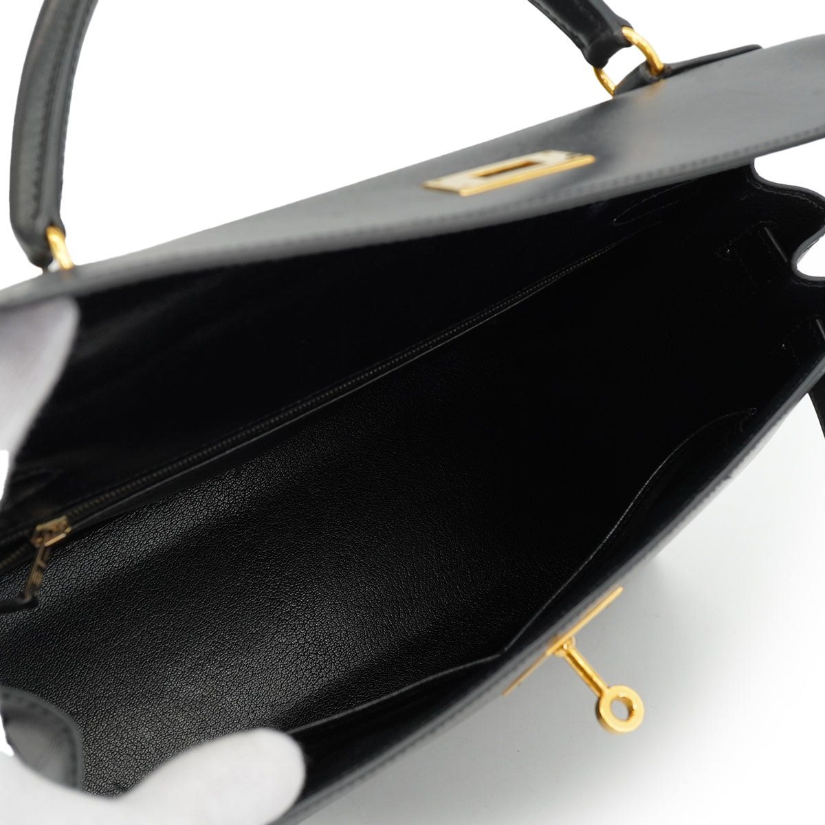 HERMES KELLY 32 SELLIER BLACK BOX CALF HAND SHOULDER BAG 1998 SQUARE B GOLD HARDWARE 90333892
