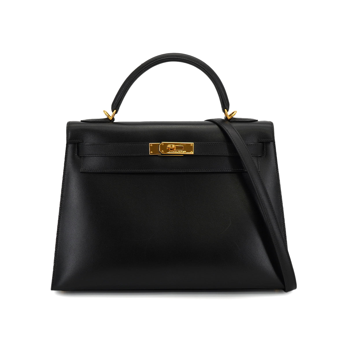 HERMES KELLY 32 SELLIER BLACK BOX CALF HAND SHOULDER BAG 2002 SQUARE F GOLD HARDWARE 90331660