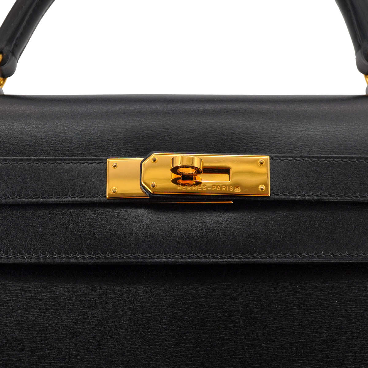 HERMES KELLY 32 SELLIER BLACK BOX CALF HAND SHOULDER BAG 2002 SQUARE F GOLD HARDWARE 90331660