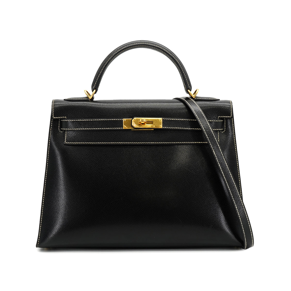 HERMES KELLY 32 SELLIER BLACK LISSE HAND SHOULDER BAG 2001 SQUARE E GOLD HARDWARE 90325808