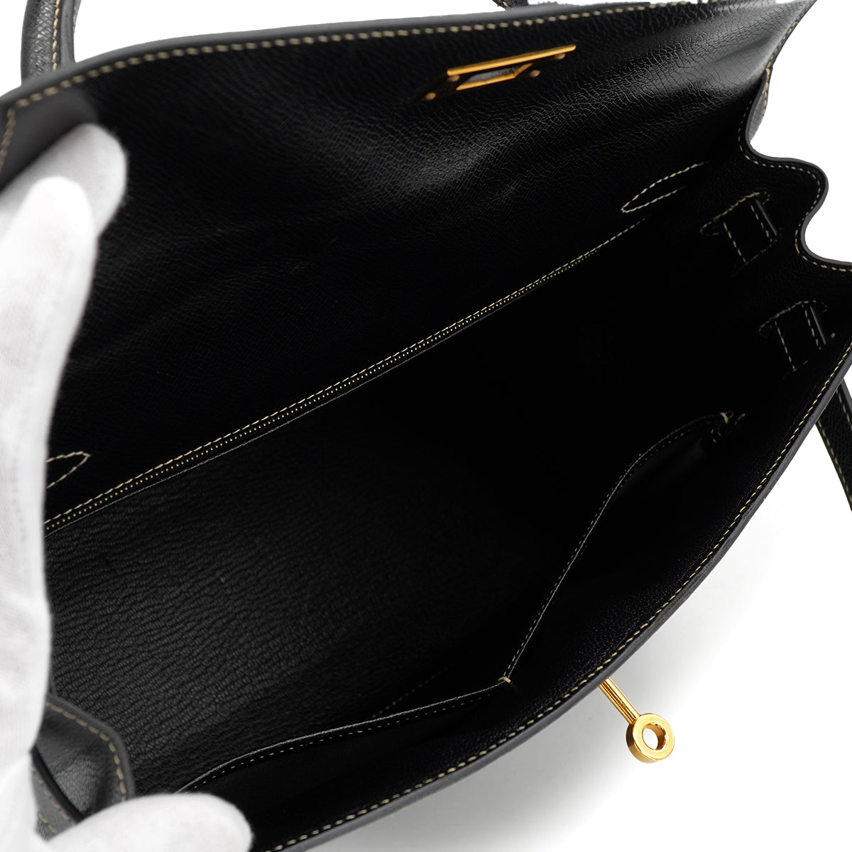 HERMES KELLY 32 SELLIER BLACK LISSE HAND SHOULDER BAG 2001 SQUARE E GOLD HARDWARE 90325808