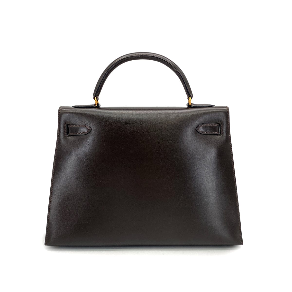 HERMES KELLY 32 SELLIER CHOCOLAT BOXCALF HAND SHOULDER BAG 1990 CIRCLE T GOLD HARDWARE 90324145