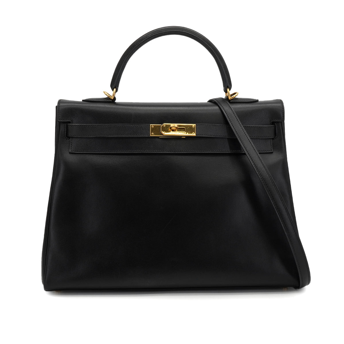 HERMES KELLY 35 RETOURNE BLACK BOX CALF HAND SHOULDER BAG 2002 SQUARE F GOLD HARDWARE 90334133