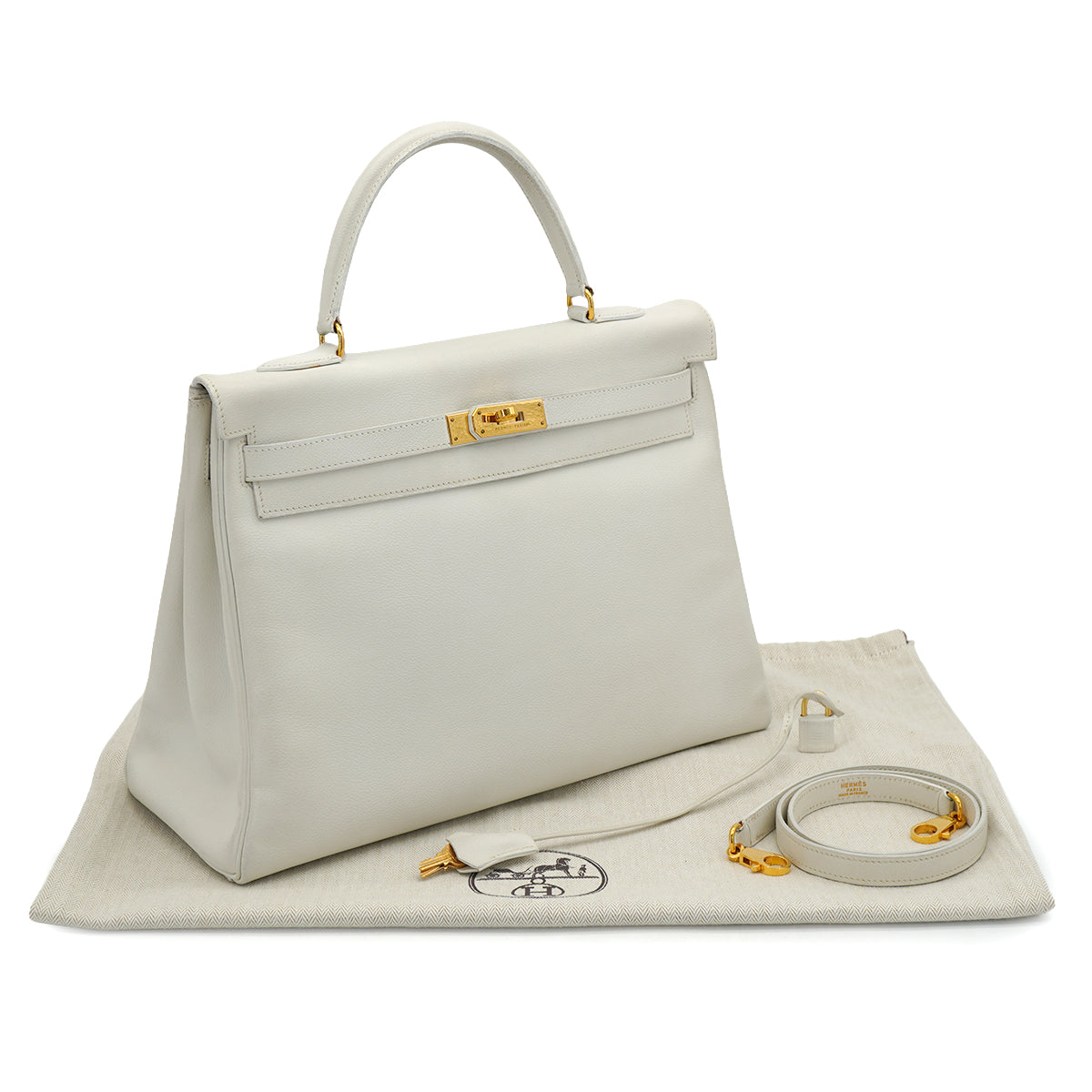 HERMES KELLY 35 RETOURNE WHITE VEAU GRAINE HAND SHOULDER BAG 1995 CIRCLE Y GOLD HARDWARE 90331930