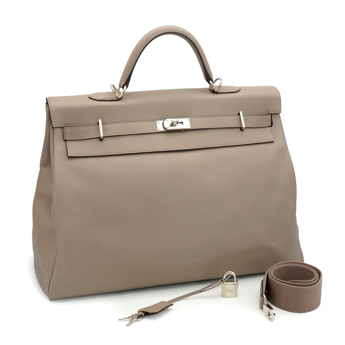 HERMES KELLY 50 RELAX VOYAGE RETOURNE GRIS ASPHALTE TAURILLON NOVILLO HAND SHOULDER BAG 2021 Z STAMP PALLADIUM HARDWARE 90335803