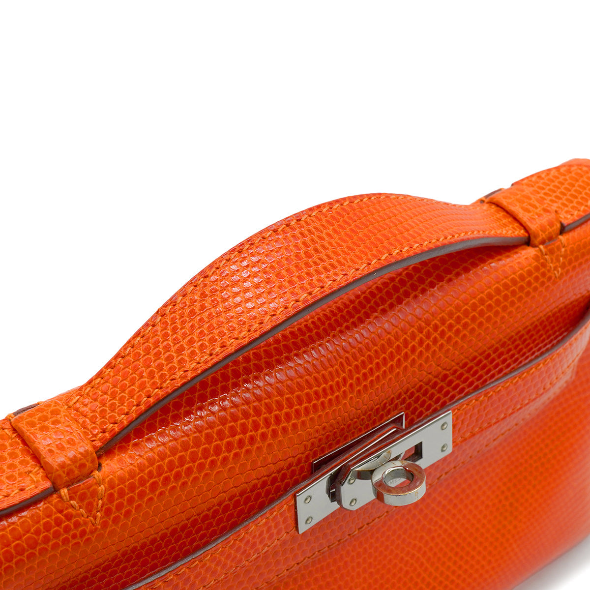 HERMES KELLY POCHETTE SELLIER TANGERINE LIZARD HAND BAG 2005 SQUARE I RUTHENIUM HARDWARE 90344360