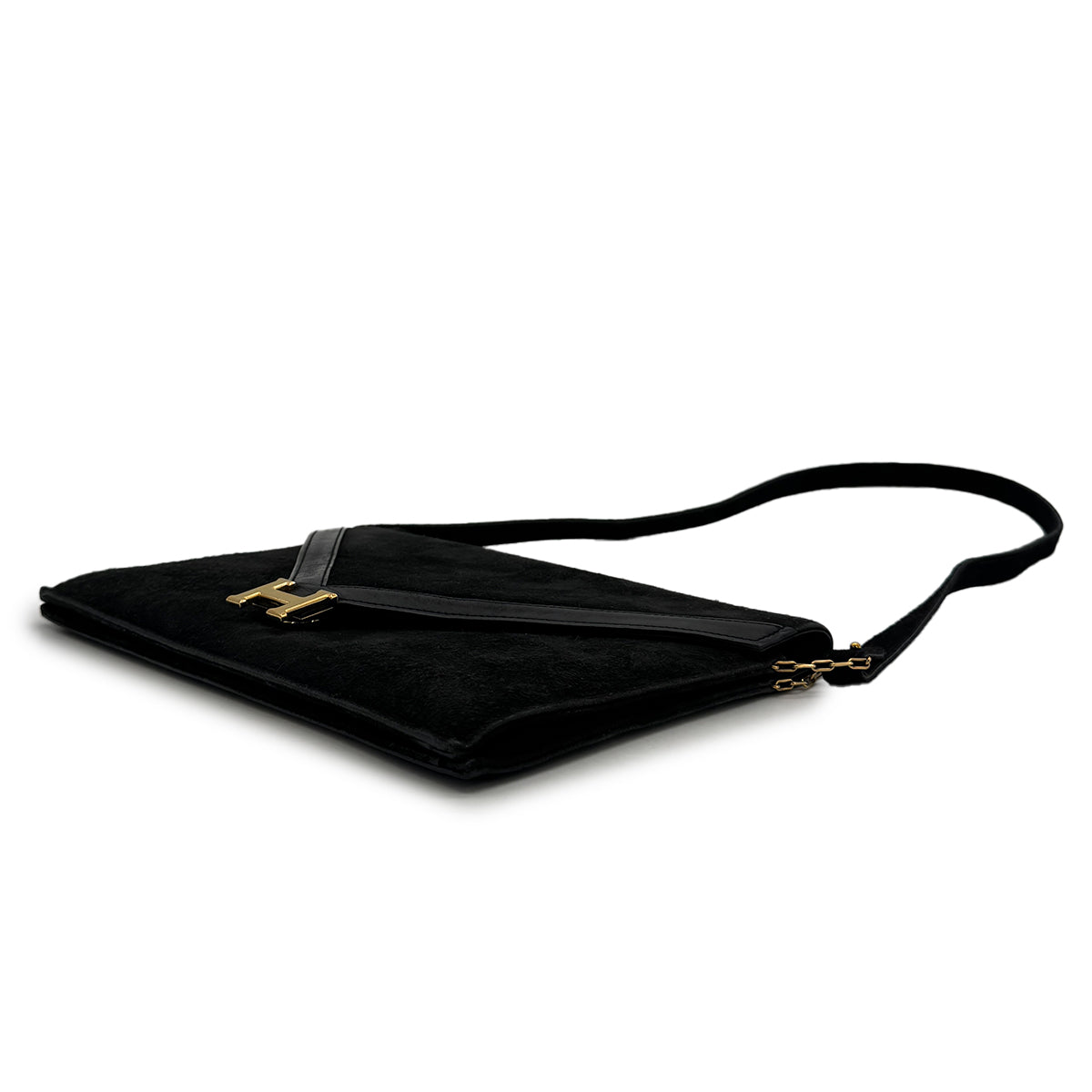 HERMES LYDIE BLACK DOBLIS CLUTCH SHOULDER BAG 1976 CIRCLE F GOLD HARDWARE 90325346