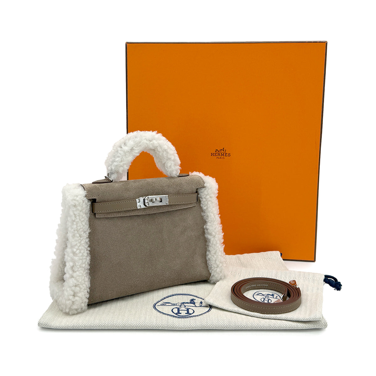 HERMES MINI KELLY 20 TEDDY PLUCH GRIS CAILLOU ECRU ETOUPE GRIZZLY MOUTON VEAU SWIFT HAND SHOULDER BAG 2025 K STAMP PALLADIUM HARDWARE 90318739