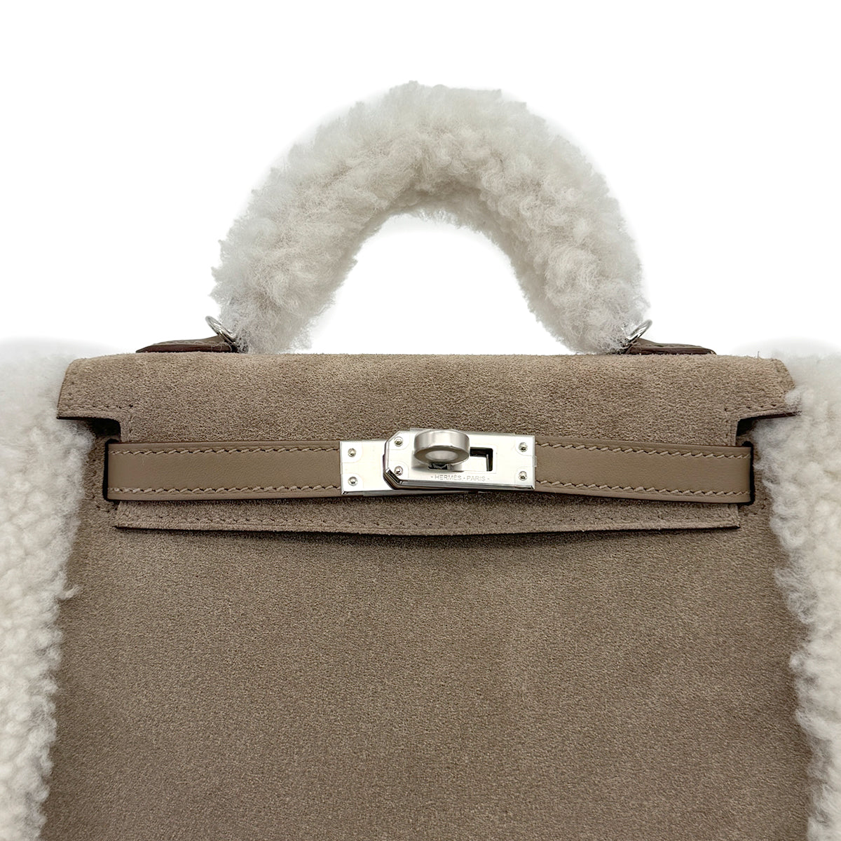 HERMES MINI KELLY 20 TEDDY PLUCH GRIS CAILLOU ECRU ETOUPE GRIZZLY MOUTON VEAU SWIFT HAND SHOULDER BAG 2025 K STAMP PALLADIUM HARDWARE 90318739
