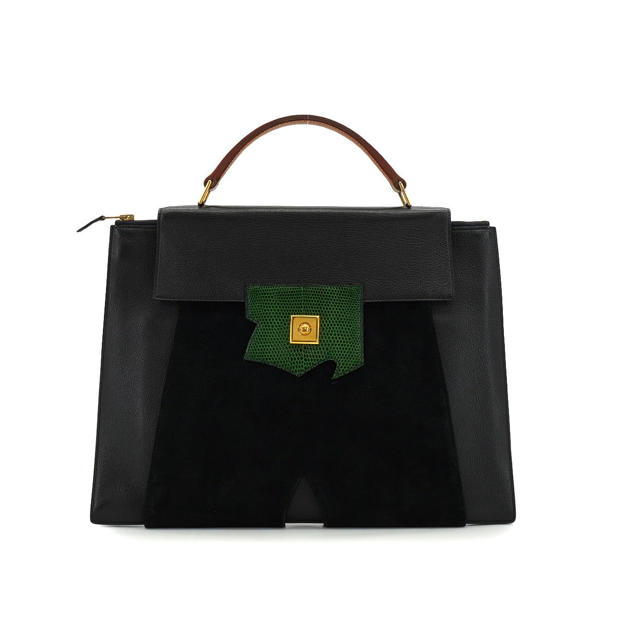 HERMES PRESIDENT BLACK GREEN DOBLIS LIZARD VEAU BARENIA HAND BAG 1988 CIRCLE R GOLD HARDWARE 90345058