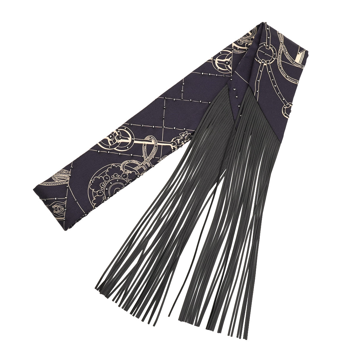 HERMES TWILLY FRINGE LES CLES A POIS BLACK WHITE SILK LEATHER 90345988