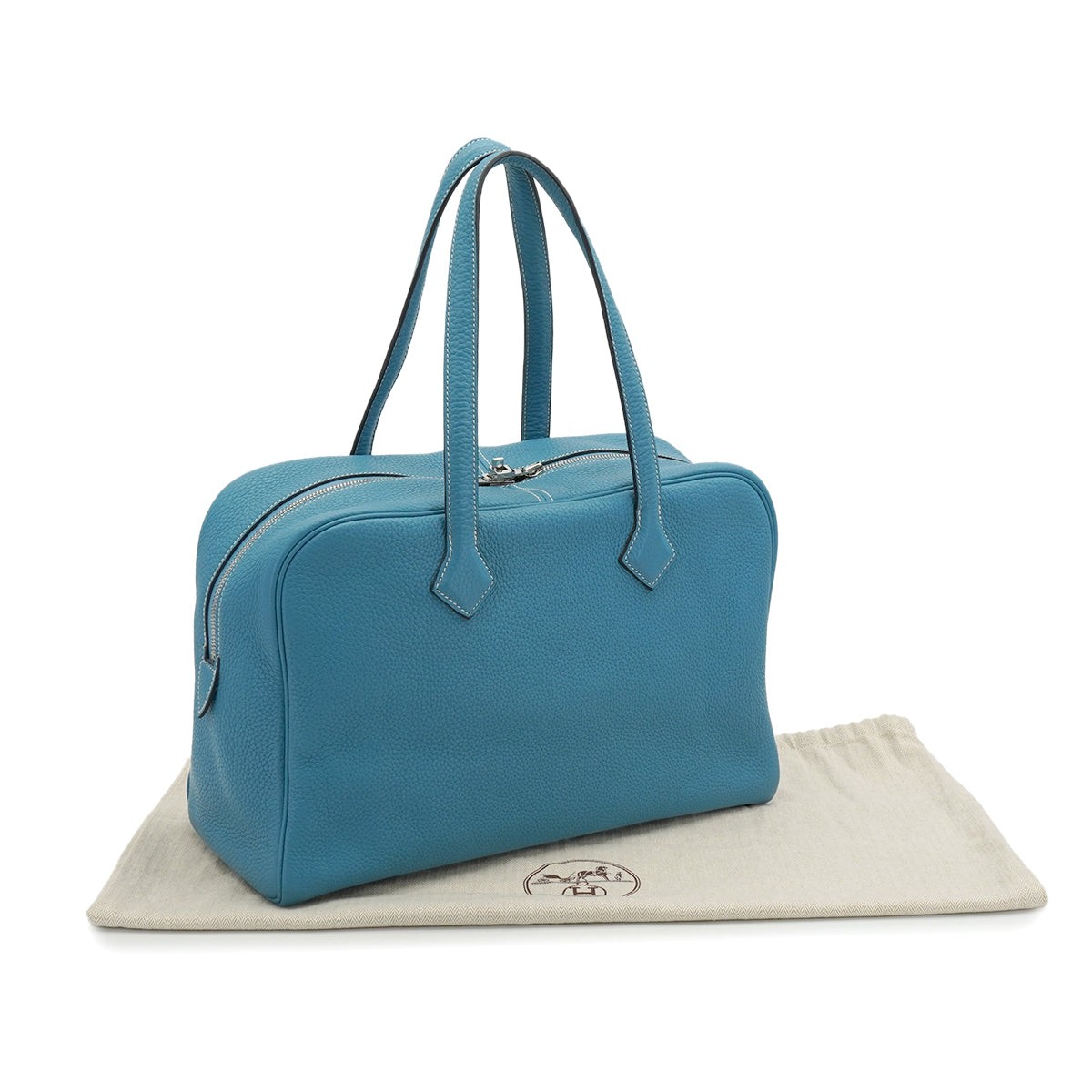 HERMES VICTORIA 35 BLUE JEAN TAURILLON CLEMENCE HAND BAG 2010 SQUARE N PALLADIUM HARDWARE 90335796