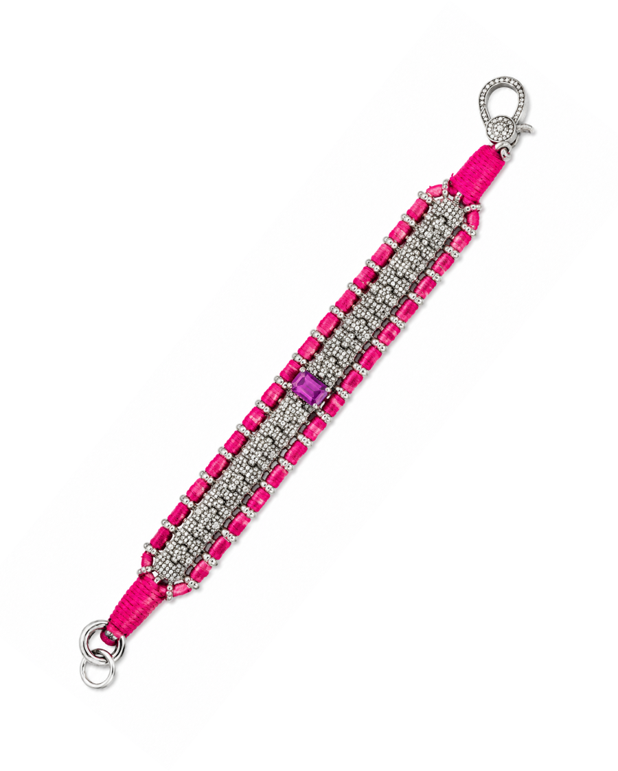 Diamond-encrusted Sterling Silver Friendship Bracelet with Ruby Centerpiece in Fuschia Pink Thread